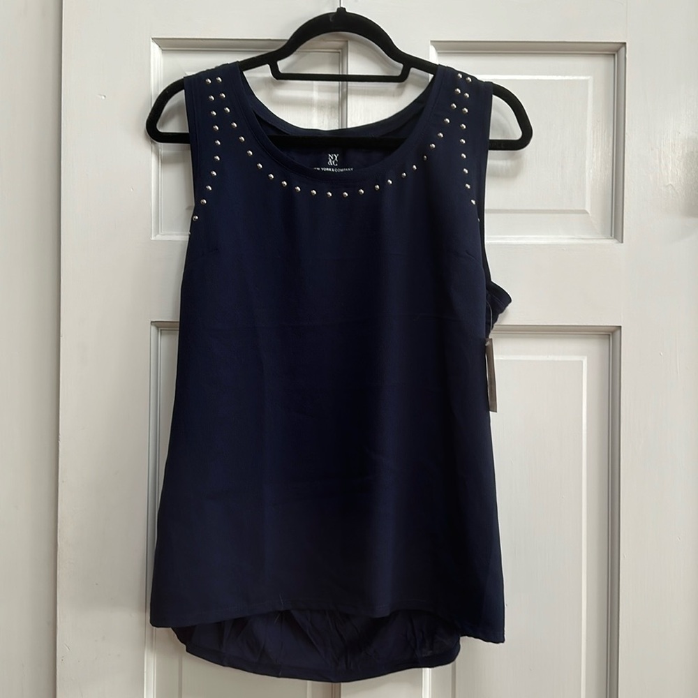 New blue sleeveless shirt w/silver studs-smoke free home